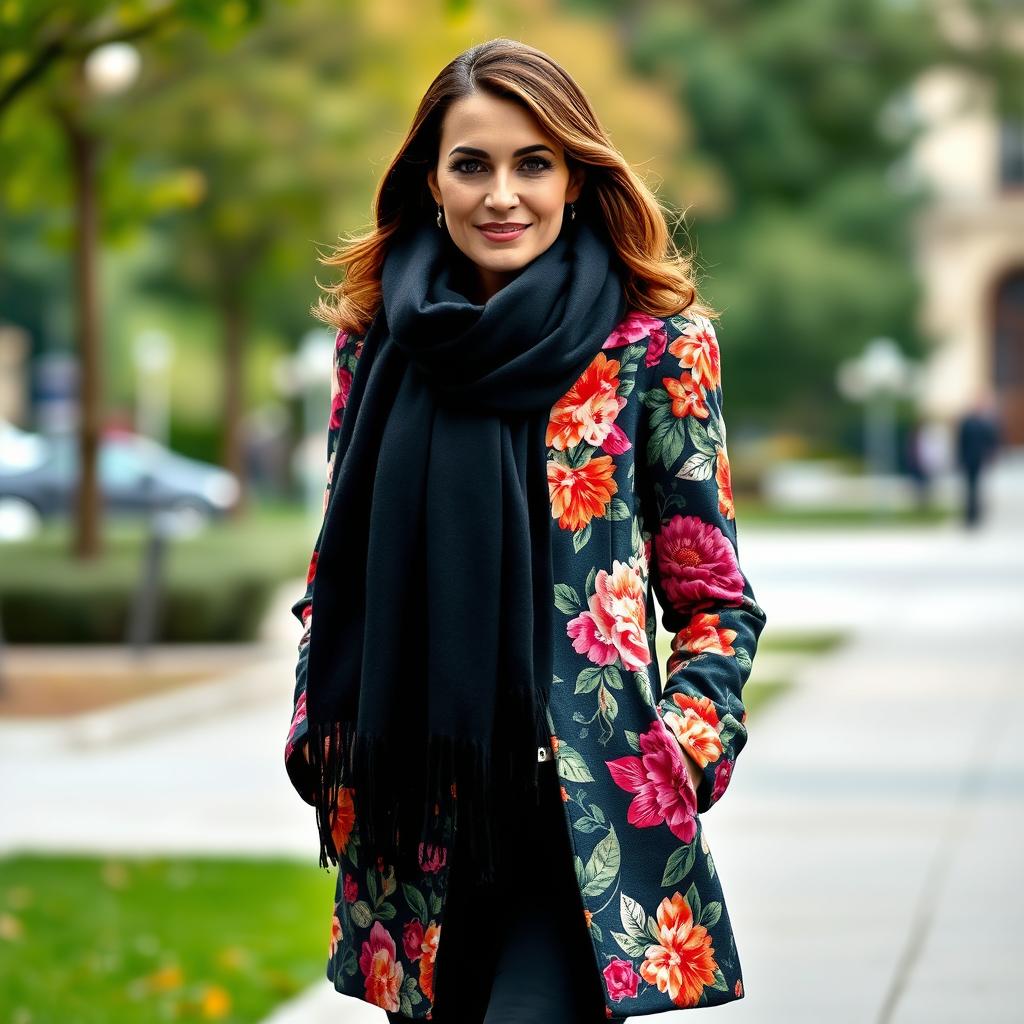 A stylish lady standing confidently, wearing a luxurious black scarf elegantly wrapped around her neck and a beautifully patterned floral coat that showcases vibrant colors and intricate floral designs