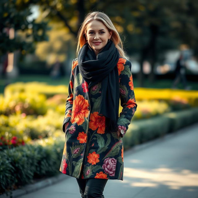 A stylish lady standing confidently, wearing a luxurious black scarf elegantly wrapped around her neck and a beautifully patterned floral coat that showcases vibrant colors and intricate floral designs