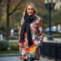 A stylish lady standing confidently, wearing a luxurious black scarf elegantly wrapped around her neck and a beautifully patterned floral coat that showcases vibrant colors and intricate floral designs