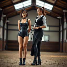 A photorealistic image featuring two girls in a horse riding school