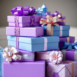 A collection of beautifully wrapped purple and blue gift boxes, stacked elegantly on top of each other