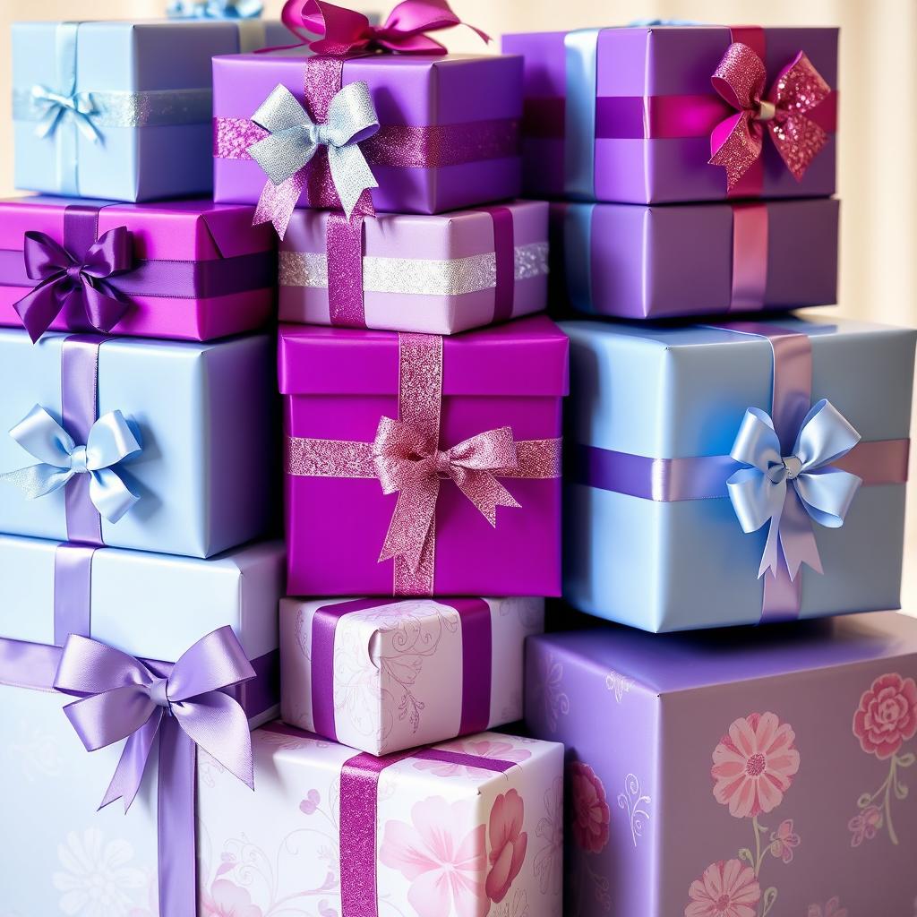A collection of beautifully wrapped purple and blue gift boxes, stacked elegantly on top of each other