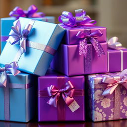 A collection of beautifully wrapped purple and blue gift boxes, stacked elegantly on top of each other