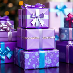 A collection of beautifully wrapped purple and blue gift boxes, stacked elegantly on top of each other