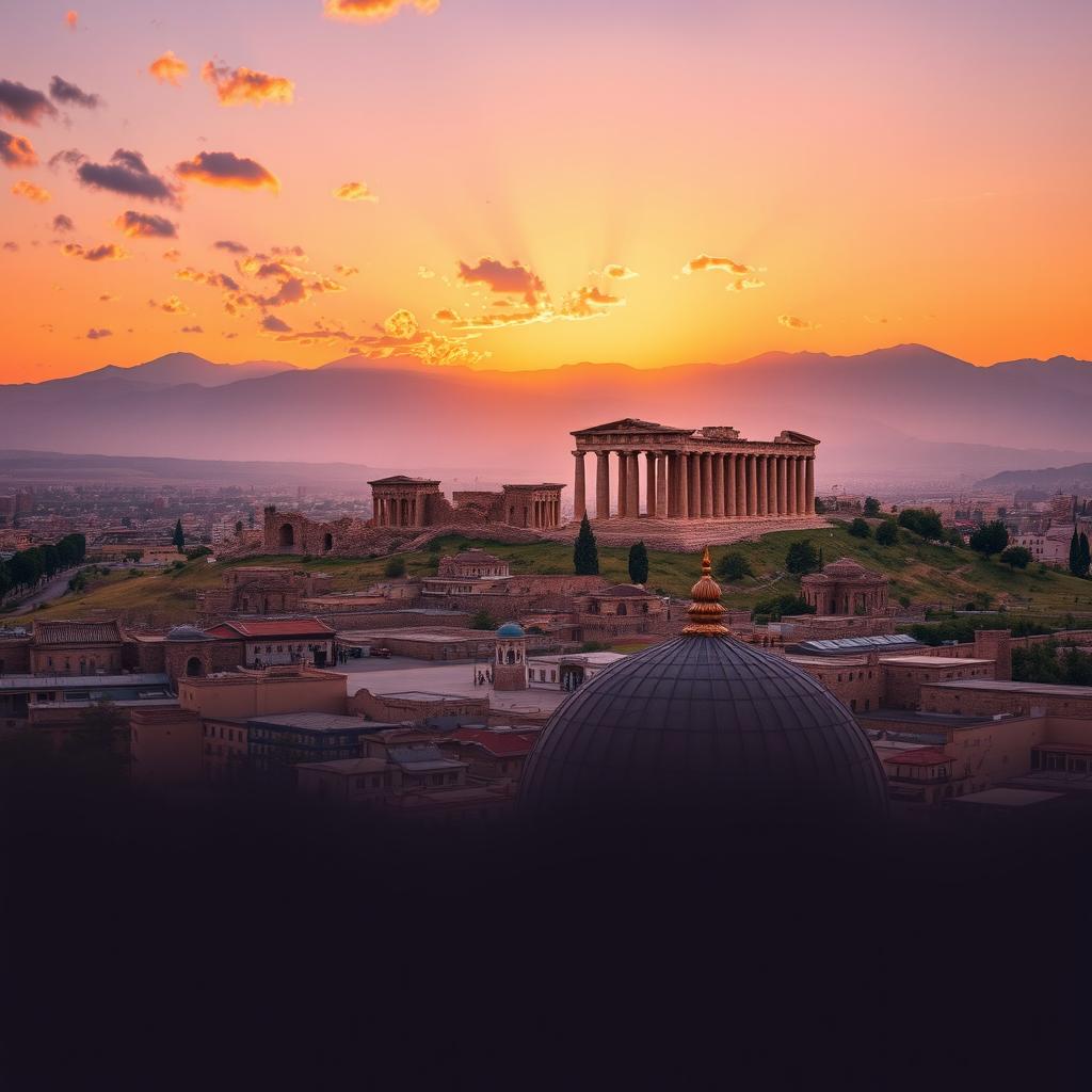 A dramatic and enlightening representation of Iran’s cultural and historical landscape, featuring a stunning view of the ancient Persepolis ruins under a sunset sky, surrounded by the Zagros Mountains, symbolizing strength and resilience