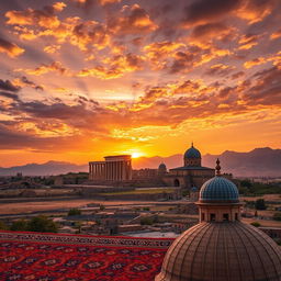 A dramatic and enlightening representation of Iran’s cultural and historical landscape, featuring a stunning view of the ancient Persepolis ruins under a sunset sky, surrounded by the Zagros Mountains, symbolizing strength and resilience