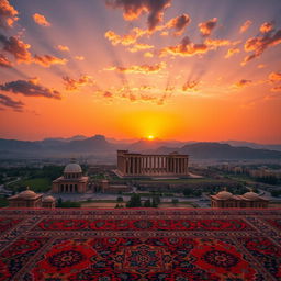 A dramatic and enlightening representation of Iran’s cultural and historical landscape, featuring a stunning view of the ancient Persepolis ruins under a sunset sky, surrounded by the Zagros Mountains, symbolizing strength and resilience