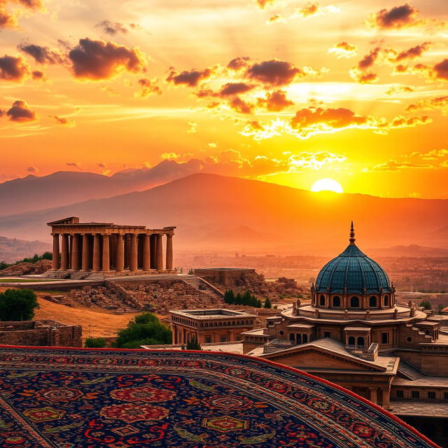 A dramatic and enlightening representation of Iran’s cultural and historical landscape, featuring a stunning view of the ancient Persepolis ruins under a sunset sky, surrounded by the Zagros Mountains, symbolizing strength and resilience