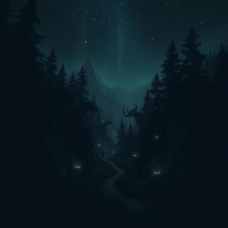 A surreal and moody scene depicting a dark, enchanted forest at night, with faint glowing lights peeking through the dense foliage