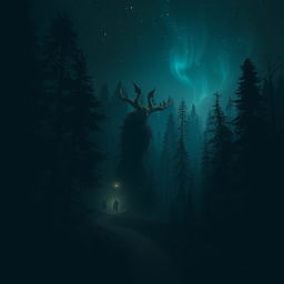 A surreal and moody scene depicting a dark, enchanted forest at night, with faint glowing lights peeking through the dense foliage