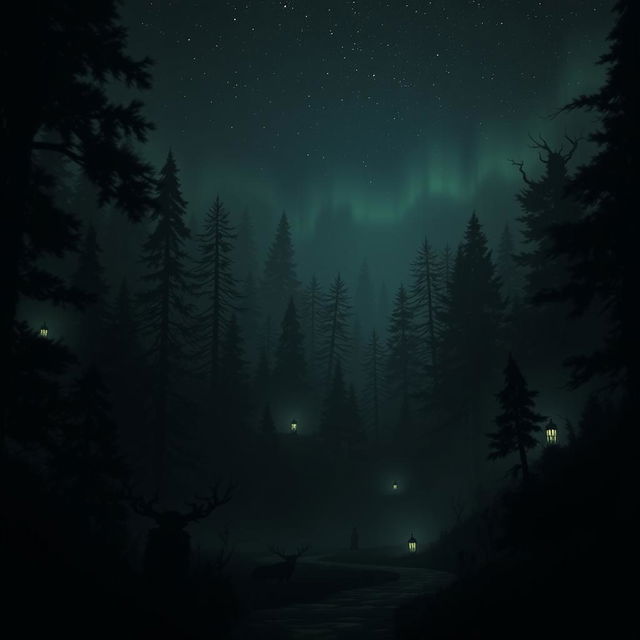 A surreal and moody scene depicting a dark, enchanted forest at night, with faint glowing lights peeking through the dense foliage