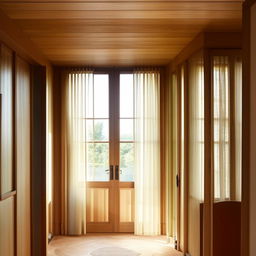 An interior design of a room with two large windows allowing plentiful daylight in, and one wooden door.