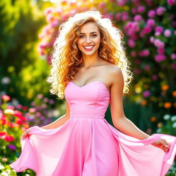 A fashionable young woman with golden curly hair, dressed in a stunning pink dress