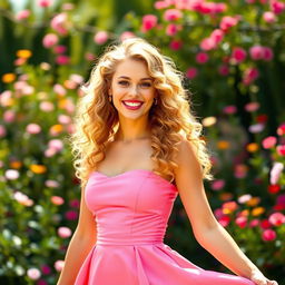 A fashionable young woman with golden curly hair, dressed in a stunning pink dress