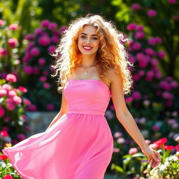 A fashionable young woman with golden curly hair, dressed in a stunning pink dress