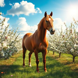 A picturesque spring scene featuring a majestic horse standing in an apple orchard in full bloom