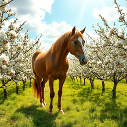 A picturesque spring scene featuring a majestic horse standing in an apple orchard in full bloom