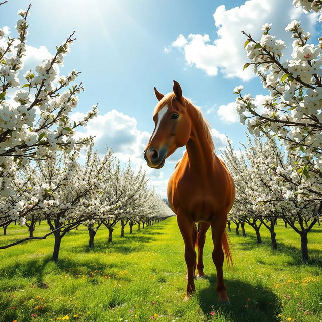 A picturesque spring scene featuring a majestic horse standing in an apple orchard in full bloom