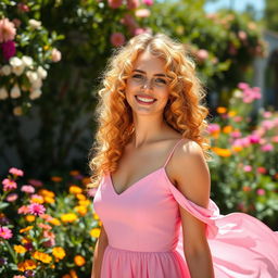 A person with vibrant golden curly hair, wearing an elegant pink dress that flows gently in the breeze