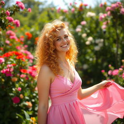 A person with vibrant golden curly hair, wearing an elegant pink dress that flows gently in the breeze