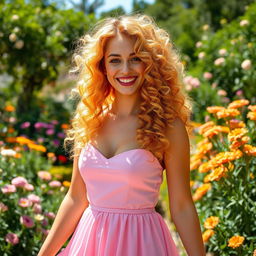 A person with vibrant golden curly hair, wearing an elegant pink dress that flows gently in the breeze