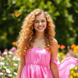 A young woman with voluminous golden curly hair cascading down her shoulders, wearing a vibrant pink dress that flows elegantly around her