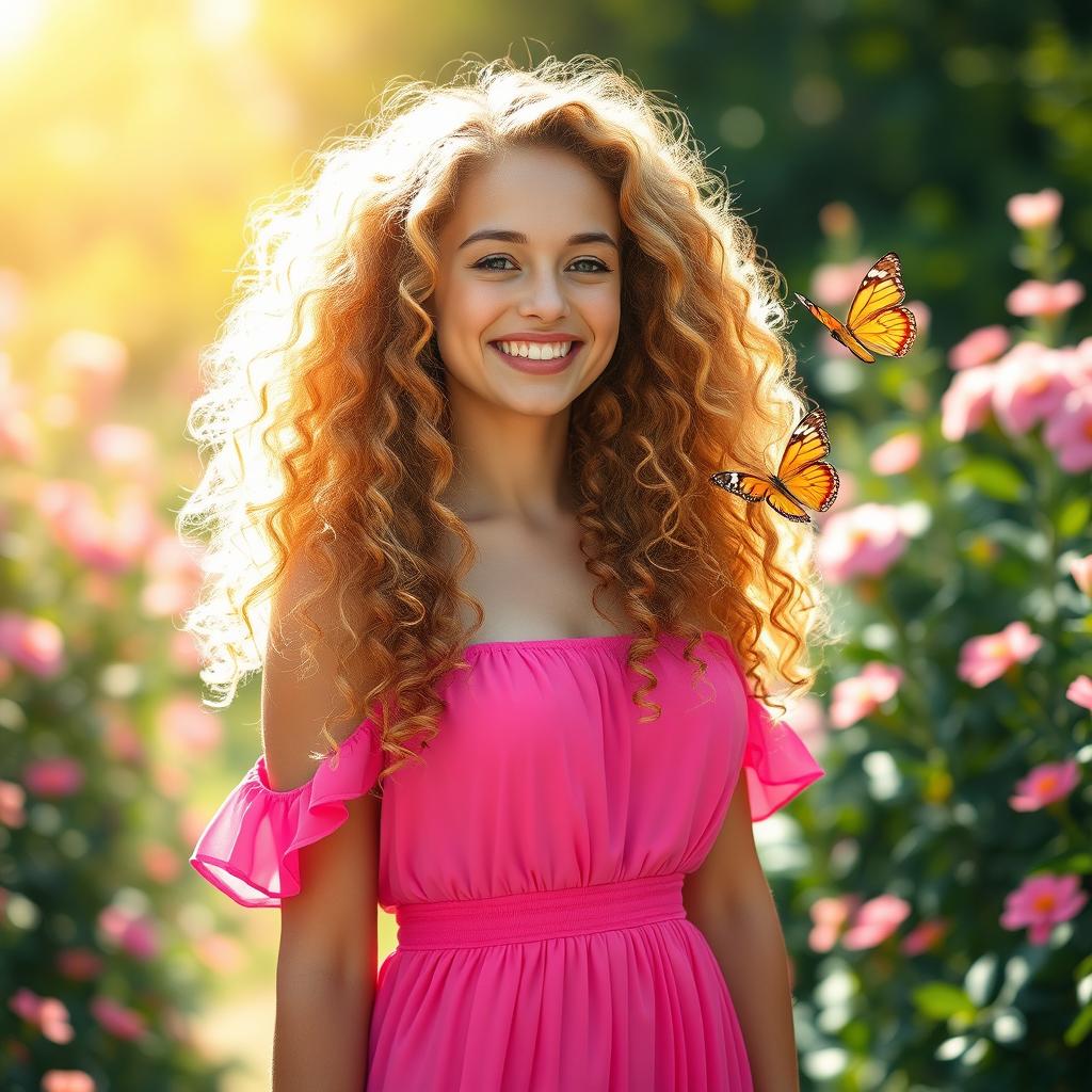 A young woman with voluminous golden curly hair cascading down her shoulders, wearing a vibrant pink dress that flows elegantly around her