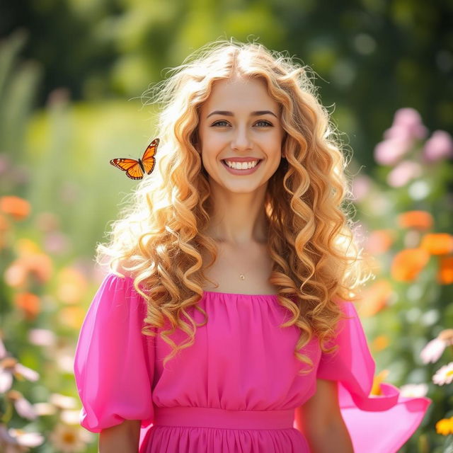 A young woman with voluminous golden curly hair cascading down her shoulders, wearing a vibrant pink dress that flows elegantly around her