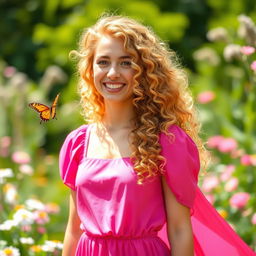 A young woman with voluminous golden curly hair cascading down her shoulders, wearing a vibrant pink dress that flows elegantly around her