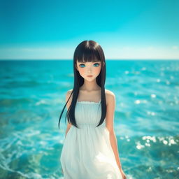 A captivating scene featuring a girl with straight black hair standing by the sea