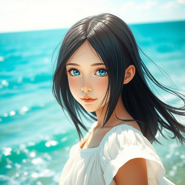 A captivating scene featuring a girl with straight black hair standing by the sea