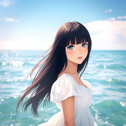 A captivating scene featuring a girl with straight black hair standing by the sea