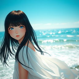 A captivating scene featuring a girl with straight black hair standing by the sea