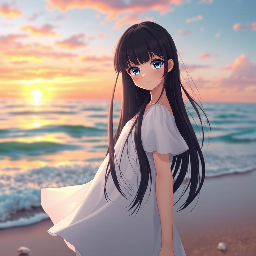 A girl with straight black hair, wearing a flowing white dress, standing by the sea with her blue eyes sparkling in the sunlight