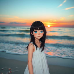A girl with straight black hair, wearing a flowing white dress, standing by the sea with her blue eyes sparkling in the sunlight