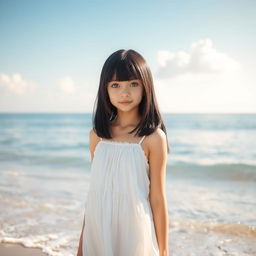 A girl with straight black hair standing by the serene sea, her striking blue eyes glimmering in the sunlight