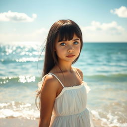 A girl with straight black hair standing by the serene sea, her striking blue eyes glimmering in the sunlight
