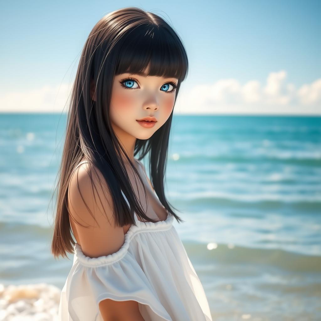 A girl with straight black hair standing by the serene sea, her striking blue eyes glimmering in the sunlight