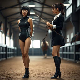 A photorealistic depiction of two girls in a horse riding school