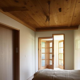 An interior design of a room with two large windows allowing plentiful daylight in, and one wooden door.