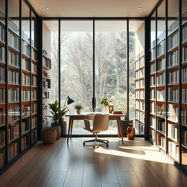 A cozy one-person library designed for tranquility, featuring a central desk with a comfortable chair