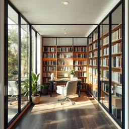 A cozy one-person library designed for tranquility, featuring a central desk with a comfortable chair