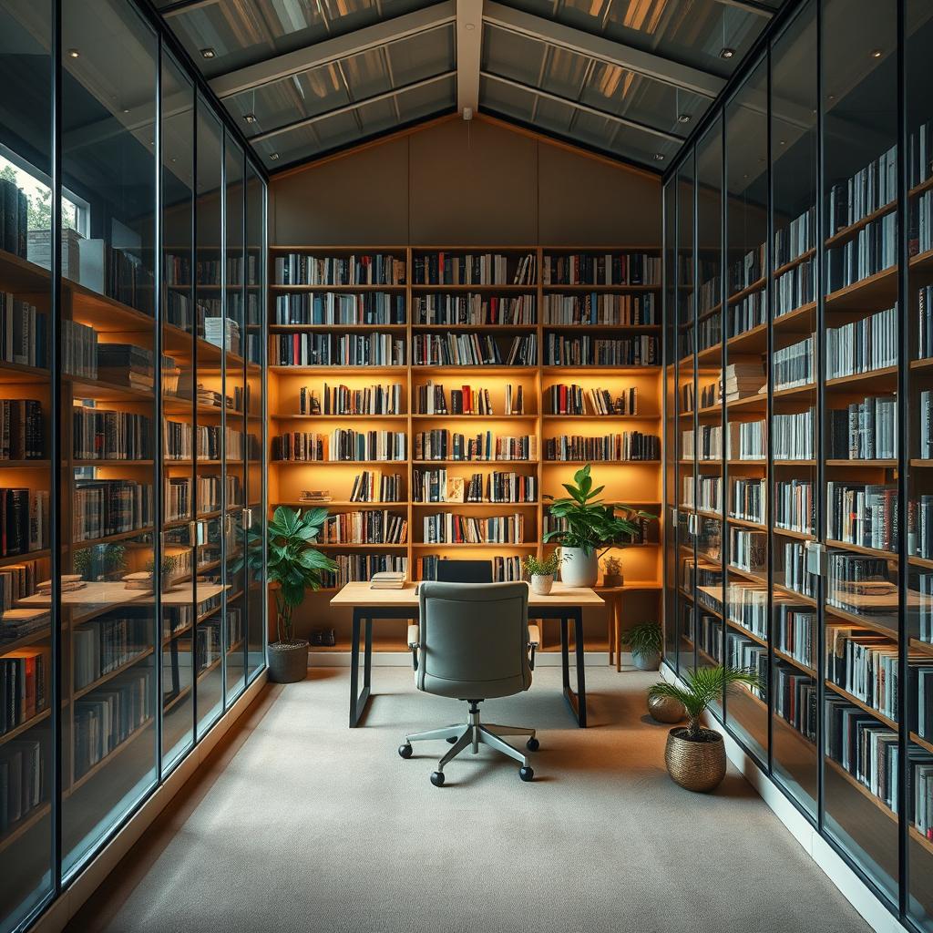 A cozy one-person library designed for tranquility, featuring a central desk with a comfortable chair