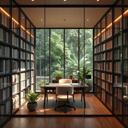 A cozy one-person library designed for tranquility, featuring a central desk with a comfortable chair