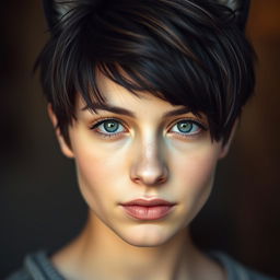 A close-up portrait of a young woman with a stylish wolf cut hairstyle, featuring textured layers framing her face