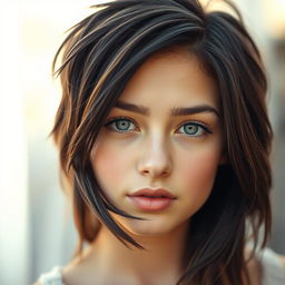 A close-up portrait of a young woman with a stylish wolf cut hairstyle, featuring textured layers framing her face