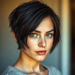 A close-up portrait of a young woman with a stylish wolf cut hairstyle, featuring textured layers framing her face