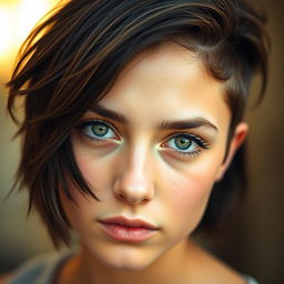 A close-up portrait of a young woman with a stylish wolf cut hairstyle, featuring textured layers framing her face
