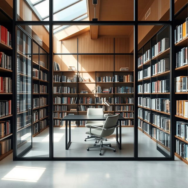 A one-person library with a modern chic design, featuring walls made entirely of glass