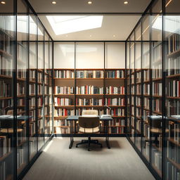 A one-person library with a modern chic design, featuring walls made entirely of glass